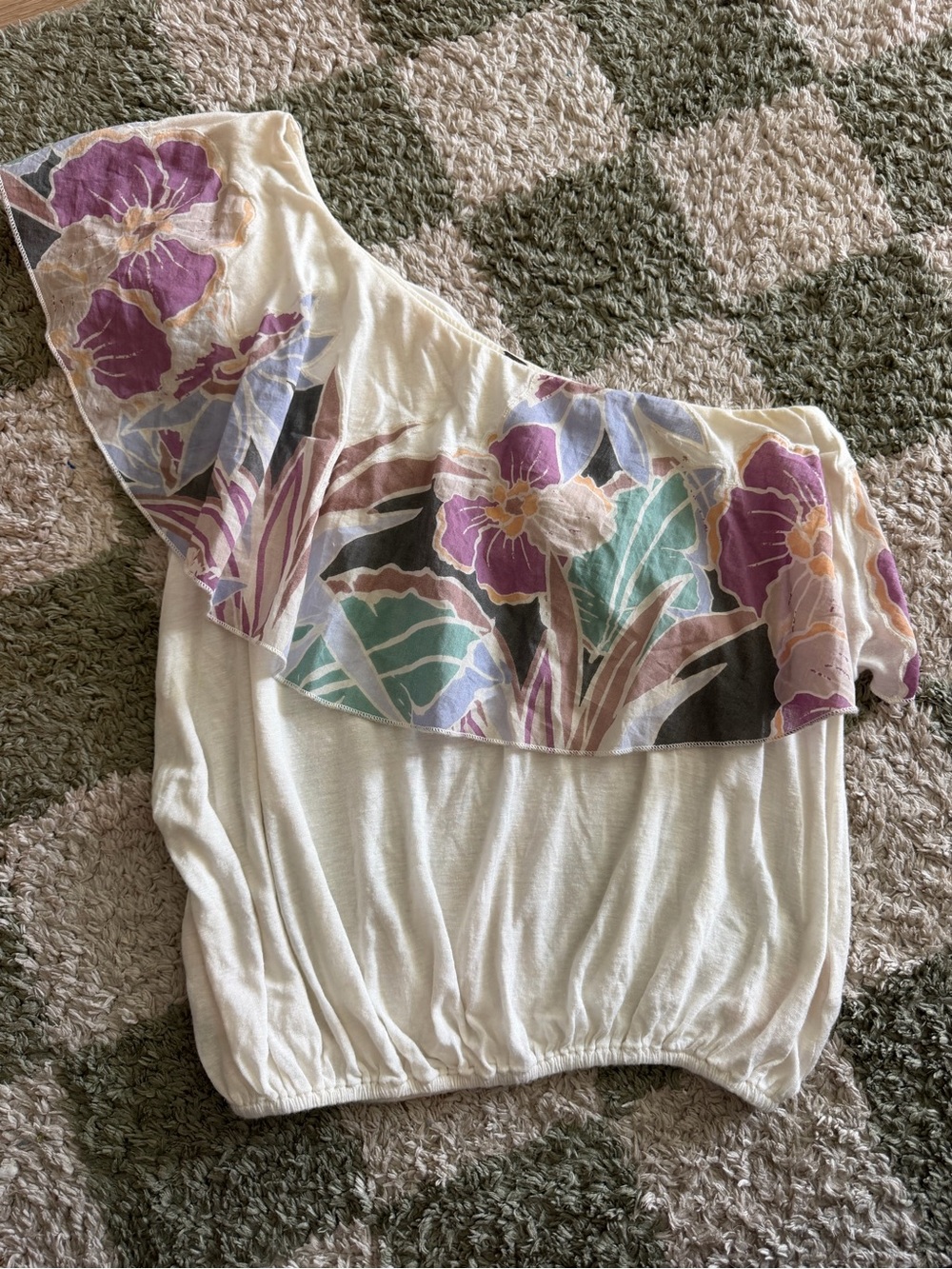 Free People Cream One-Shoulder Blouse with Purple Floral Ruffle